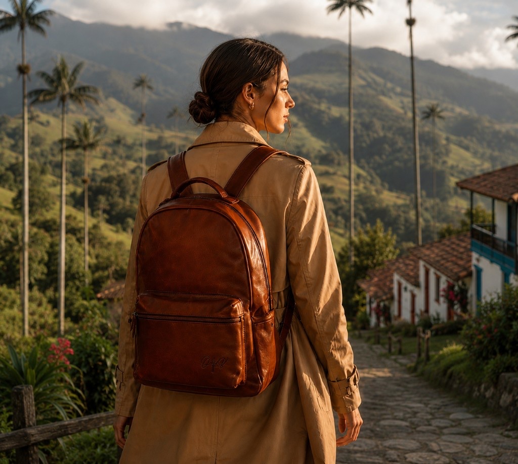 Mujer de espaldas con mochila en cuero cognac — Valle del Cocora, colección Mujer